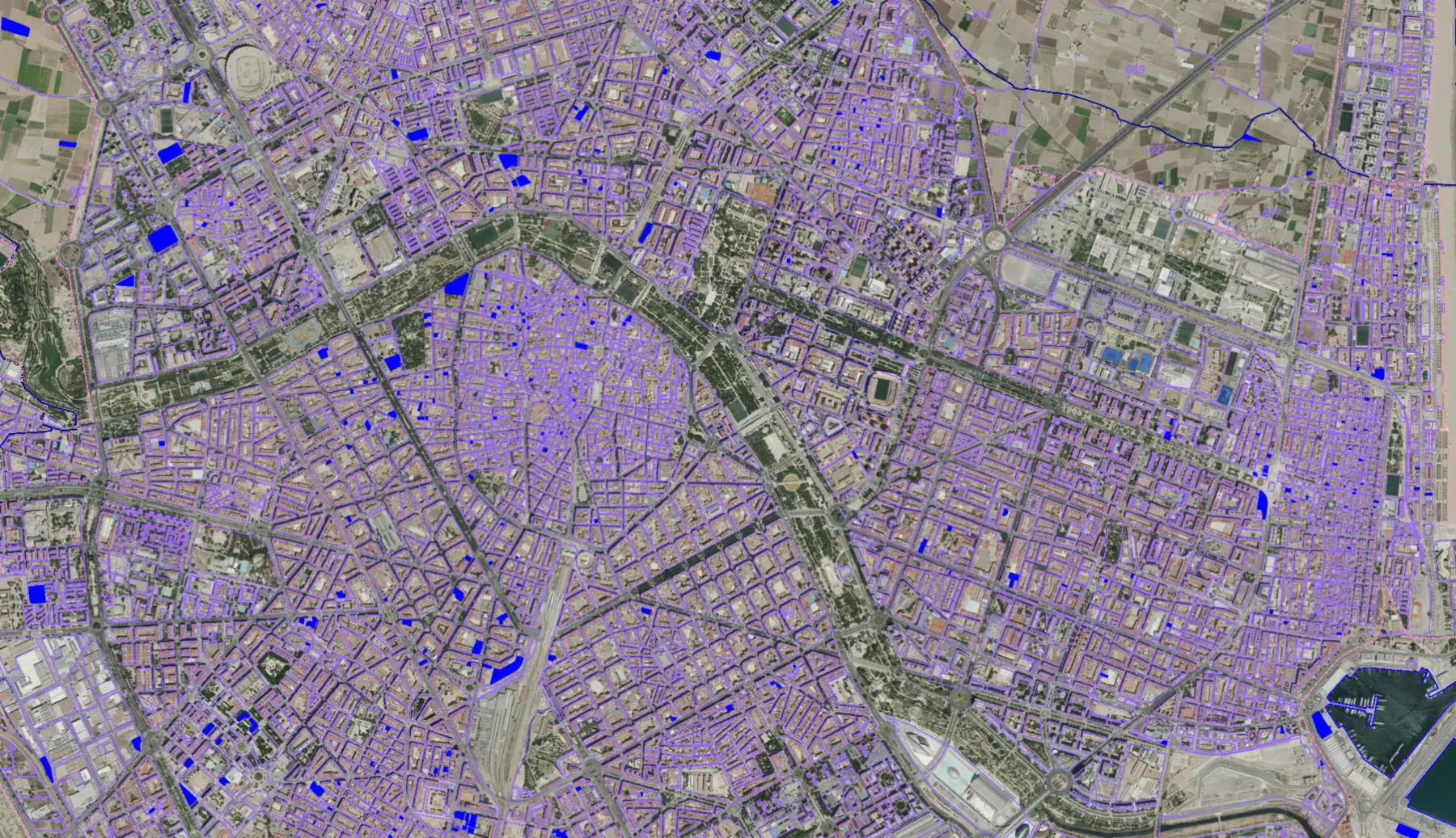 Vista cartográfica de la Sede Electrónica del Catastro con parcelas coordinadas resaltadas en azul